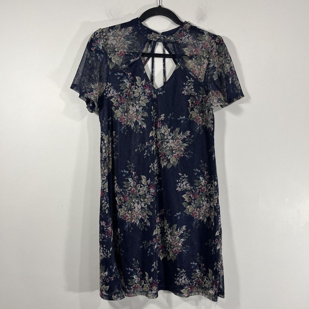 Blue Rain Blue Floral Mock Neck Keyhole Tunic‎ Dress Women's Large NWT